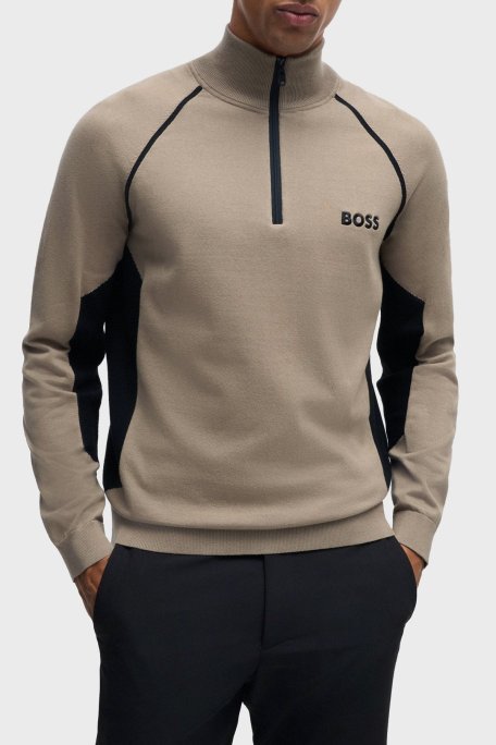 Boss Pamuk Karışımlı Regular Fit Yarım Fermuarlı Dik Yaka Erkek Kazak 50519377 334 KAHVE - Boss