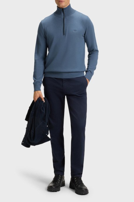 Boss Pamuk ve Kaşmir Karışımlı Regular Fit Yarım Fermuarlı Dik Yaka Erkek Kazak 50527585 495 MAVİ - Boss (1)