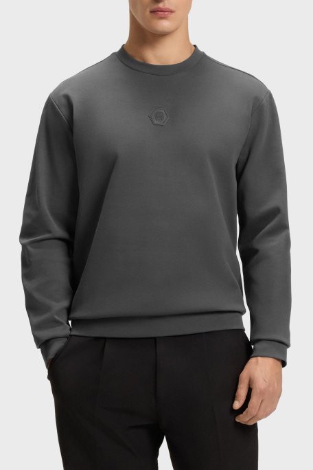 Boss Pamuklu Relaxed Fit Bisiklet Yaka Logolu Erkek Sweat 50543859 027 KOYU GRİ - Boss