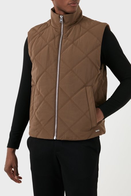 Boss Regular Fit Dik Yaka Kapitone Erkek Yelek 50506356 249 KAHVE - Boss