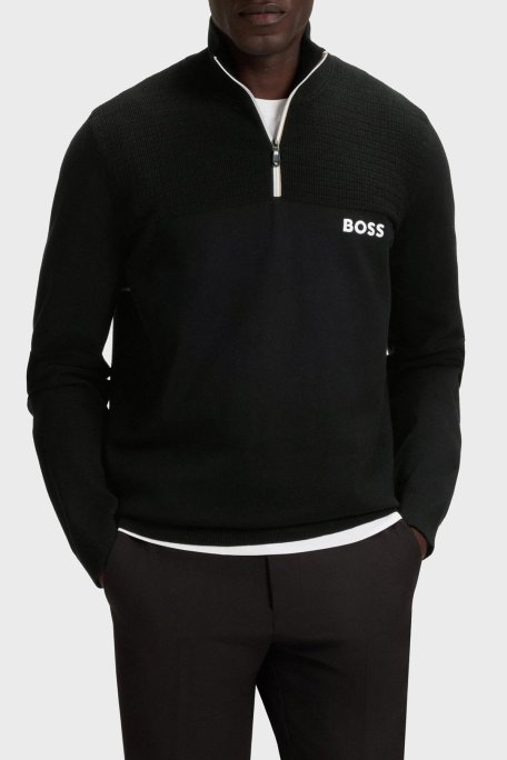 Boss Şerit Detaylı Pamuklu Regular Fit Yarım Fermuarlı Dik Yaka Erkek Kazak 50541953 001 SİYAH - Boss