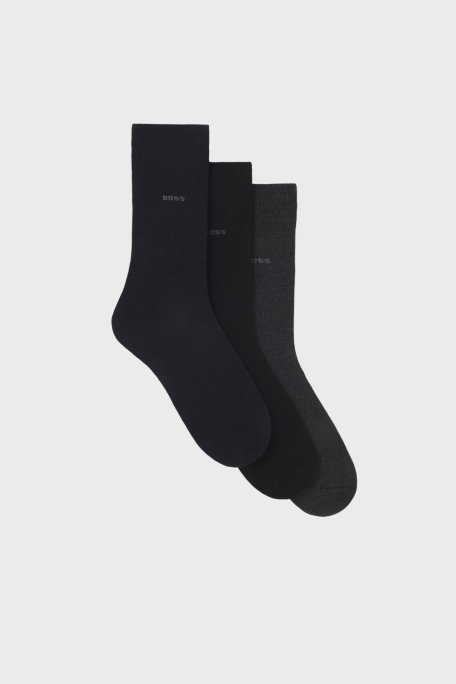 Boss Streç Pamuku Logolu Uzun 3 Pack Erkek Çorap 50469839 968 Siyah-Gri-Antrasit - Boss