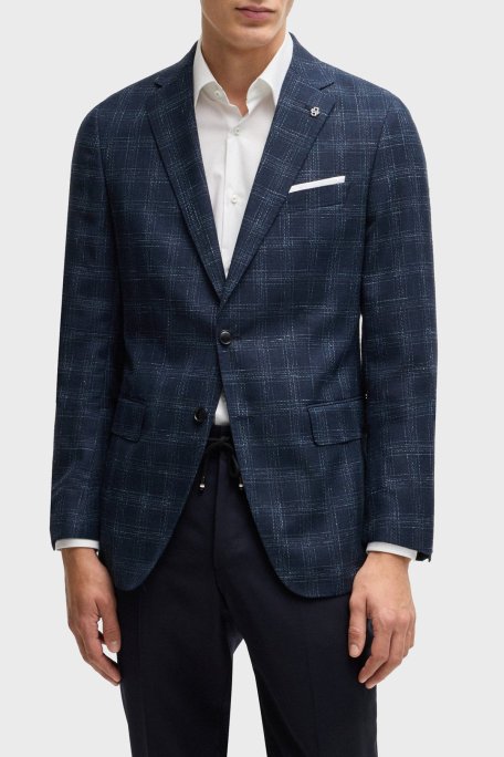 Boss Yün Karışımlı Slim Fit Mono Yaka Kareli Klasik Erkek Ceket 50535057 404 LACİVERT - Boss
