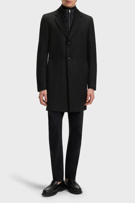 Boss Yün Karışımlı Su İtici Slim Fit Çıkarılabilir Yaka Uzun Erkek Kaban 50551117 001 SİYAH - Boss