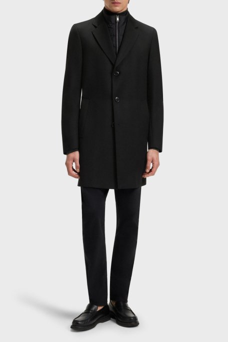 Boss Yün Karışımlı Su İtici Slim Fit Çıkarılabilir Yaka Uzun Erkek Kaban 50551117 001 SİYAH - Boss