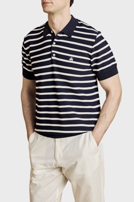 Brooks Brothers Çizgili Rayon Kısa Kollu Düğmeli Erkek Polo Yaka Kazak BBSS26MKL004388 Lacivert Kırık Beyaz - Brooks Brothers