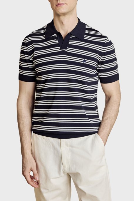 Brooks Brothers Düğmesiz Çizgili Rayon Kısa Kollu Erkek Polo Yaka Kazak BBSS26MKL013388 Lacivert Kırık Beyaz - Brooks Brothers