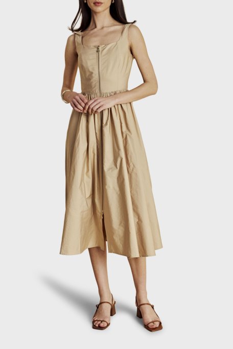 Brooks Brothers Metal Fermuar Detaylı Kare Yaka Midi Boy Kadın Elbise BBSS26FDR004142 Bej - Brooks Brothers