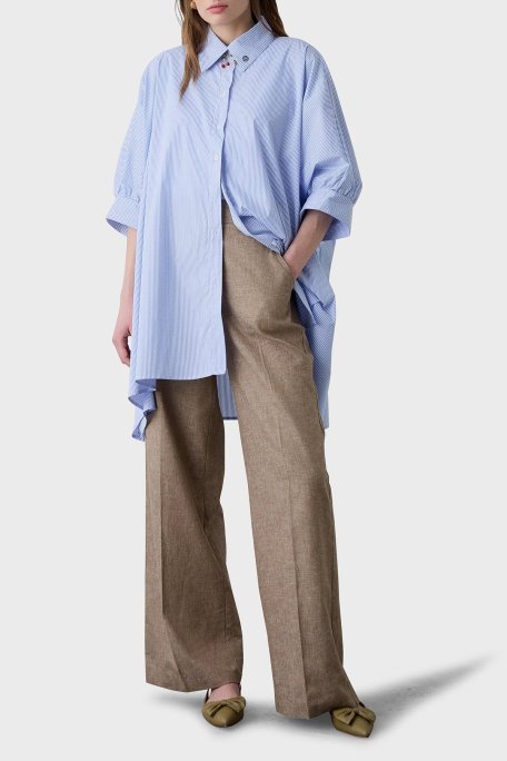 BSB Çizgili Pamuk Karışımlı Oversize Asimetrik Bayan Gömlek 053-216035.060 MAVİ - BSB