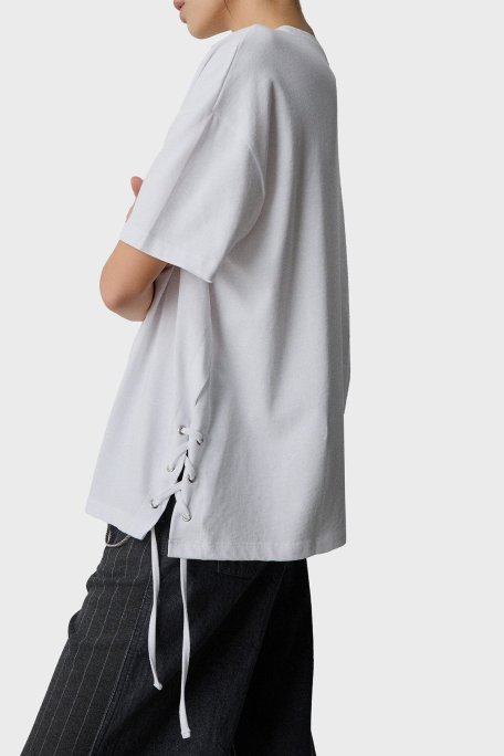 BSB Metalik ve Bağlama Detaylı Pamuklu Oversize Fit Bisiklet Yaka Bayan Bluz 053-210049.002 BEYAZ - BSB (1)