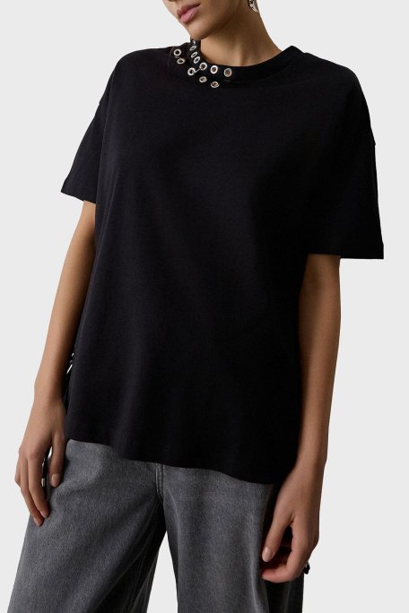 BSB Metalik ve Bağlama Detaylı Pamuklu Oversize Fit Bisiklet Yaka Bayan Bluz 053-210049.080 SİYAH - BSB