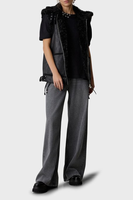 BSB Metalik ve Bağlama Detaylı Pamuklu Oversize Fit Bisiklet Yaka Bayan Bluz 053-210049.080 SİYAH - BSB (1)