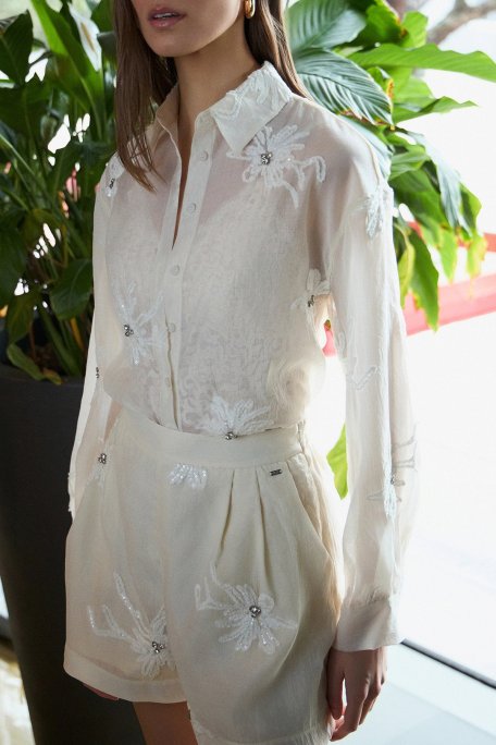 BSB Nakışlı Taş Detaylı Regular Fit Klasik Yaka Bayan Gömlek 053-116021.103 BEJ - BSB (1)