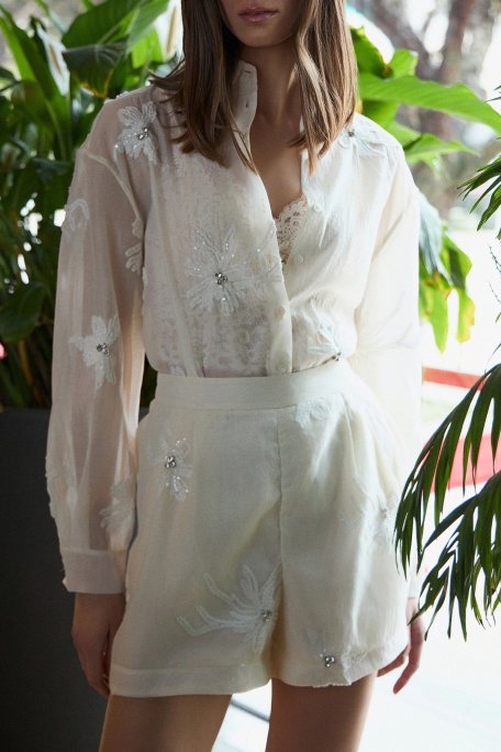 BSB Nakışlı Taş Detaylı Regular Fit Normal Bel Mini Bayan Short 053-141003.103 BEJ - BSB (1)