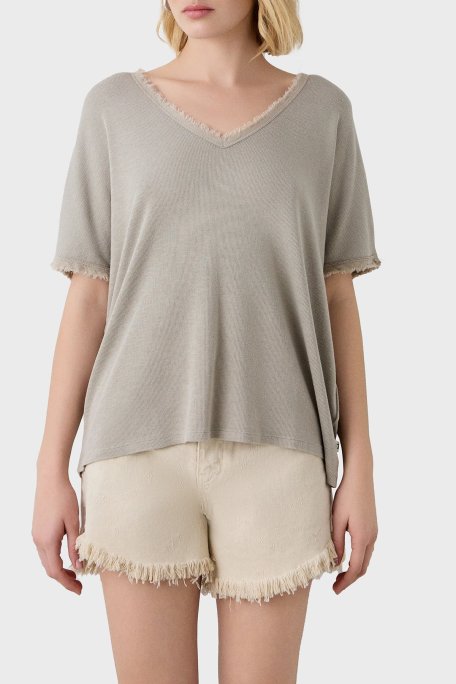 BSB Pamuk Karışımlı Oversize V Yaka Bayan Bluz 053-210132.131 BEJ - BSB