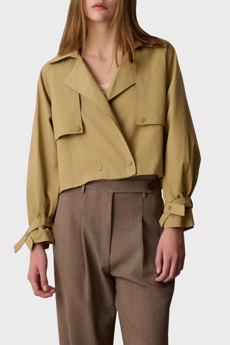 BSB Pamuklu Regular Fit Çıtçıt Düğmeli Apaş Yaka Kısa Bayan Trençkot 053-257001.010 BEJ - BSB