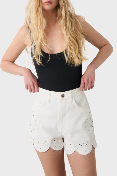 BSB Pamuklu Taş Detaylı Regular Fit Yüksek Bel Mini Kot Bayan Short 053-241803.002 BEYAZ - BSB