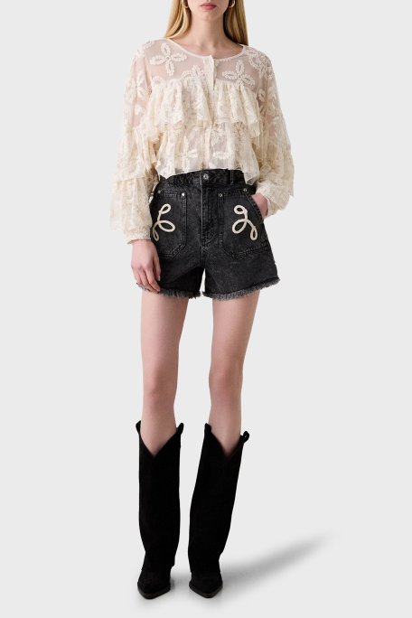 BSB Regular Fit Bisiklet Yaka Fırfırlı İşlemeli Bayan Gömlek 053-216020.009 KREM - BSB (1)