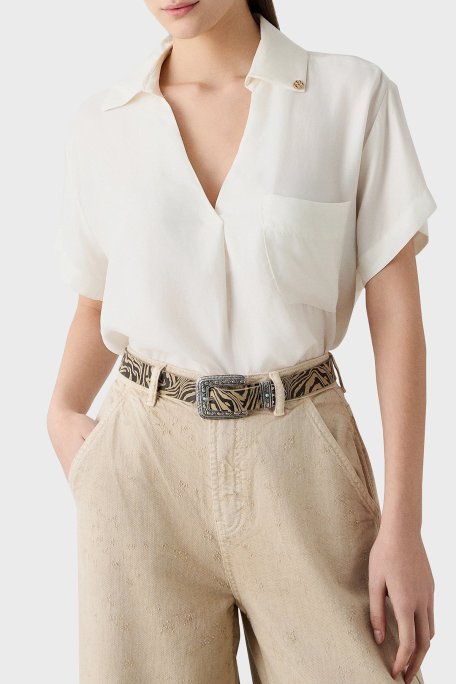 BSB Regular Fit V Yaka Kısa Kollu Bayan Bluz 053-210040.004 EKRU - BSB