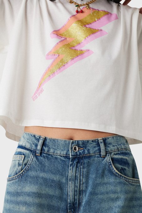 BSB Simli % 100 Pamuk Regular Fit Bisiklet Yaka Crop Kadın T Shirt 053-210114.004 BEYAZ - BSB (1)