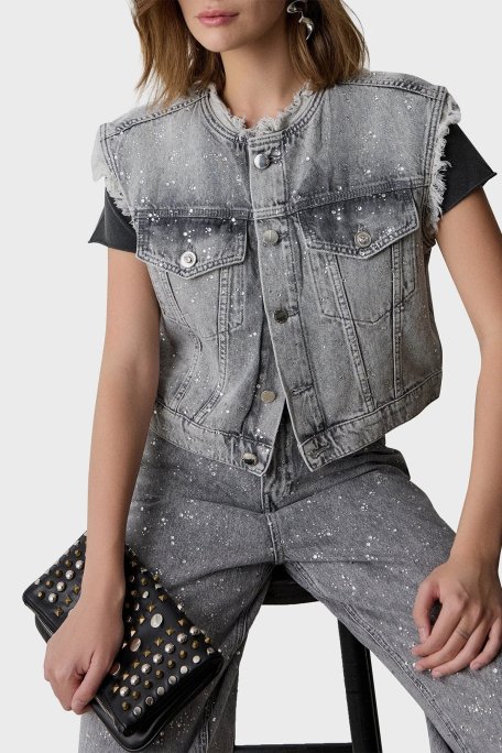 BSB Taşlı % 100 Pamuk Regular Fit Kısa Kot Bayan Yelek 053-229900.093 GRİ - BSB