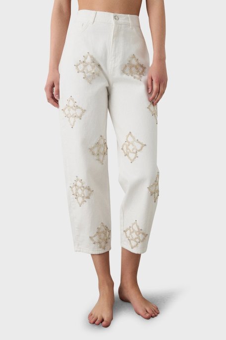 BSB Taşlı % 100 Pamuk Slim Fit Yüksk Bel Boru Paça Bayan Pantolon 053-212835.004 EKRU - BSB (1)