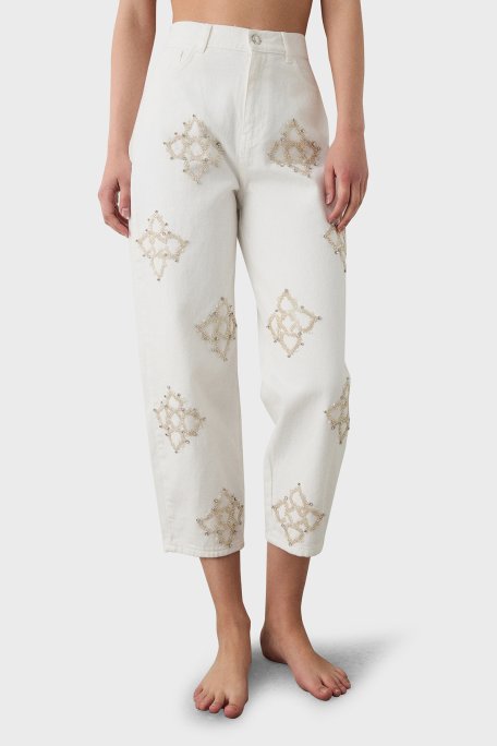 BSB Taşlı % 100 Pamuk Slim Fit Yüksk Bel Boru Paça Kadın Pantolon 053-212835.004 EKRU - BSB (1)