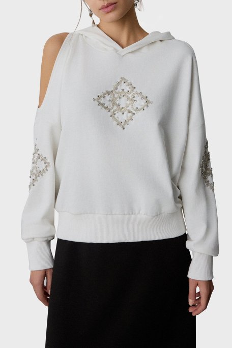 BSB Taşlı Pamuklu Regular Fit Sırt Dekolteli Kapüşonlu Bayan Bluz 053-210011.004 BEYAZ - BSB