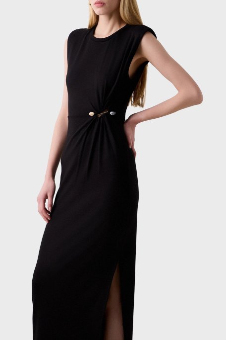 BSB Yıtmaçlı Fitted Fit Büzgülü Aksesuar Detaylı Bisiklet Yaka Uzun Bayan Elbise 053-211026.080 SİYAH - BSB (1)