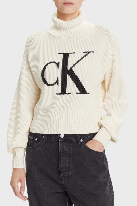 Calvin Klein % 100 Pamuk Loose Fit Balıkçı Yaka Logolu LV047D349G101 Bayan Kazak LV047D349G 101 BEYAZ - Calvin Klein