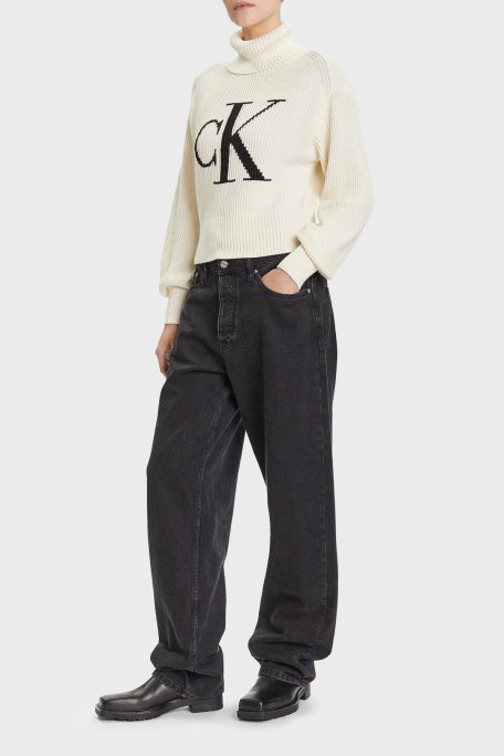 Calvin Klein % 100 Pamuk Loose Fit Balıkçı Yaka Logolu LV047D349G101 Bayan Kazak LV047D349G 101 BEYAZ - Calvin Klein (1)