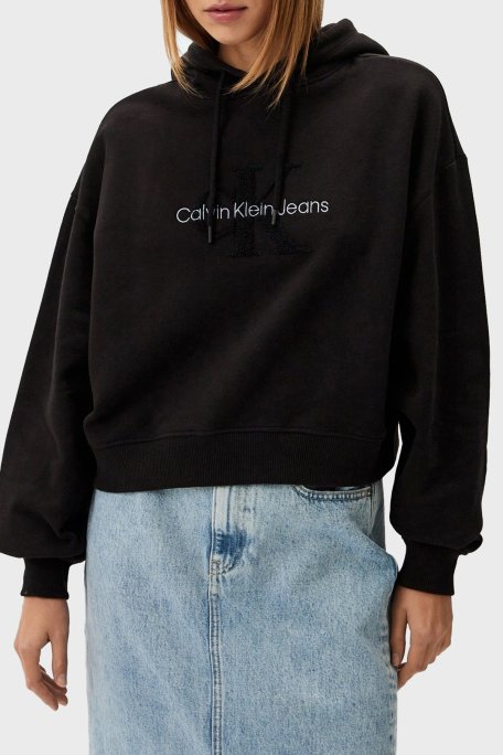 Calvin Klein % 100 Pamuk Oversize Fit Kapüşonlu Crop J20J224170BEH Bayan Sweat J20J224170 BEH SİYAH - Calvin Klein