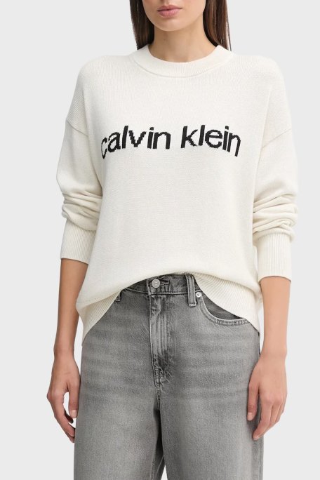 Calvin Klein % 100 Pamuk Regular Fit Bisiklet Yaka Logolu LV047C311GYAS Bayan Kazak LV047C311G YAS BEYAZ - Calvin Klein