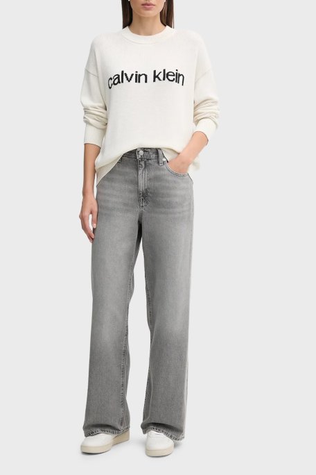 Calvin Klein % 100 Pamuk Regular Fit Bisiklet Yaka Logolu LV047C311GYAS Bayan Kazak LV047C311G YAS BEYAZ - Calvin Klein (1)