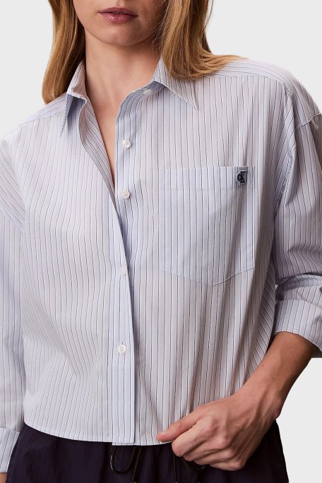 Calvin Klein % 100 Pamuk Regular Fit Çizgili Uzun Kollu LV047F105GC1O Bayan Gömlek LV047F105G C1O MAVİ - Calvin Klein