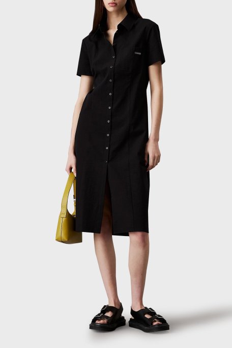 Calvin Klein % 100 Pamuk Regular Fit Düğmeli Midi Boy J20J225299BEH Bayan Elbise J20J225299 BEH SİYAH - Calvin Klein