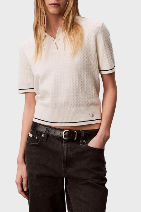 Calvin Klein % 100 Pamuk Regular Fit Logolu Örme Düğmeli Bayan Polo LV047F320G YAS BEYAZ - Calvin Klein