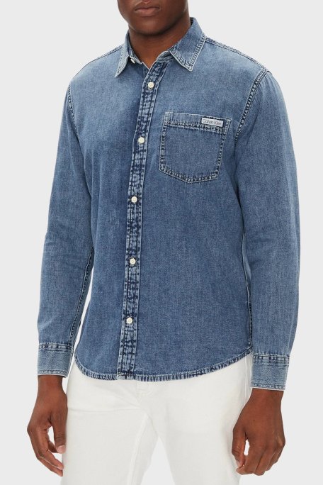 Calvin Klein % 100 Pamuk Regular Fit Uzun Kollu Kot LV040EM774WHZ Erkek Gömlek LV040EM774 WHZ MAVİ - Calvin Klein