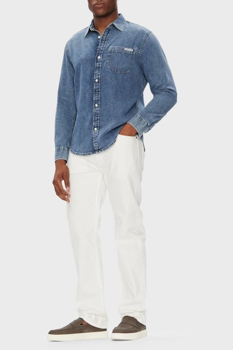 Calvin Klein % 100 Pamuk Regular Fit Uzun Kollu Kot LV040EM774WHZ Erkek Gömlek LV040EM774 WHZ MAVİ - Calvin Klein (1)