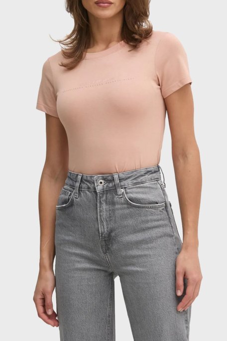 Calvin Klein % 100 Pamuk Slim Fit Bisiklet Yaka J20J224990TGW Bayan T Shirt J20J224990 TGW PUDRA - Calvin Klein