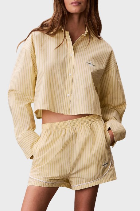 Calvin Klein Çizgili Cropped Fit Pamuklu Poplin LV00QS7605W5W Bayan Gömlek LV00QS7605 W5W SARI - Calvin Klein