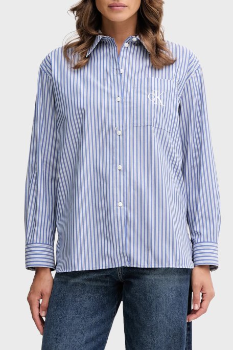 Calvin Klein Çizgili Pamuklu Relaxed Fit Uzun Kollu LV044D170GZNX Bayan Gömlek LV044D170G ZNX LACİVERT - Calvin Klein