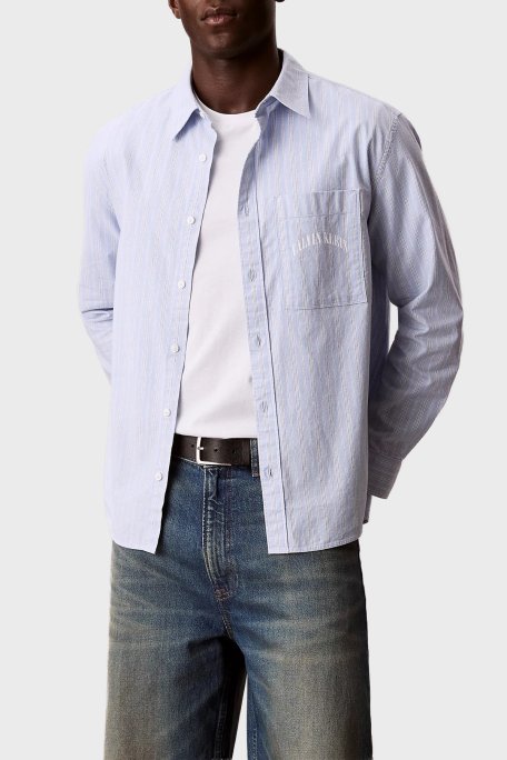Calvin Klein Çizgili Pamuklu Relaxed Fit Uzun Kollu LV04RF104GCBE Erkek Gömlek LV04RF104G CBE MAVİ - Calvin Klein