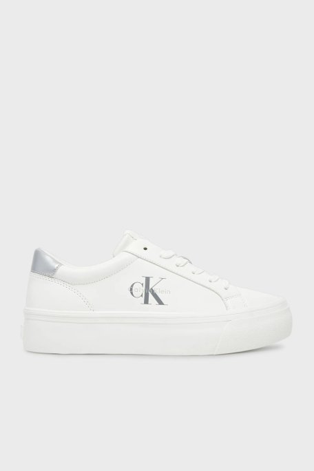 Calvin Klein Deri Logolu Sneaker YW0YW0187702R Bayan Ayakkabı YW0YW01877 02R BEYAZ-GÜMÜŞ - Calvin Klein
