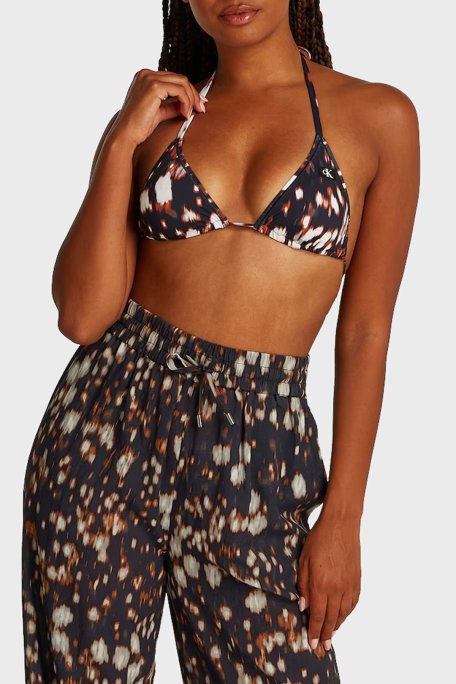 Calvin Klein Desenli Bağlamalı Üçgen KW0KW023430GQ Bayan Bikini Üstü KW0KW02343 0GQ SİYAH - Calvin Klein