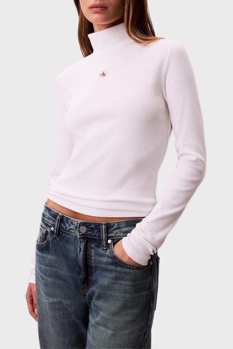 Calvin Klein Fitilli Logolu Pamuklu Slim Fit Balıkçı Yaka LV047D203GYAA Bayan Kazak LV047D203G YAA BEYAZ - Calvin Klein