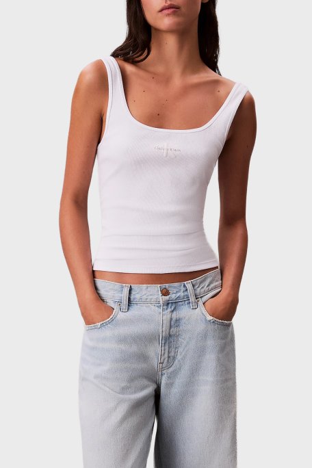 Calvin Klein Fitilli Logolu Pamuklu Slim Fit Yuvarlak Yaka LV047A804GYAA Bayan Atlet LV047A804G YAA BEYAZ - Calvin Klein