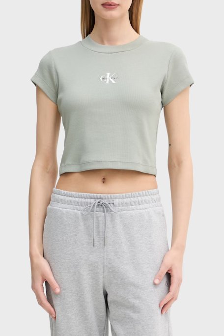 Calvin Klein Fitilli Pamuklu Slim Fit Bisiklet Yaka Crop LV047AB802PEZ Kadın T Shirt LV047AB802 PEZ HAKİ - Calvin Klein