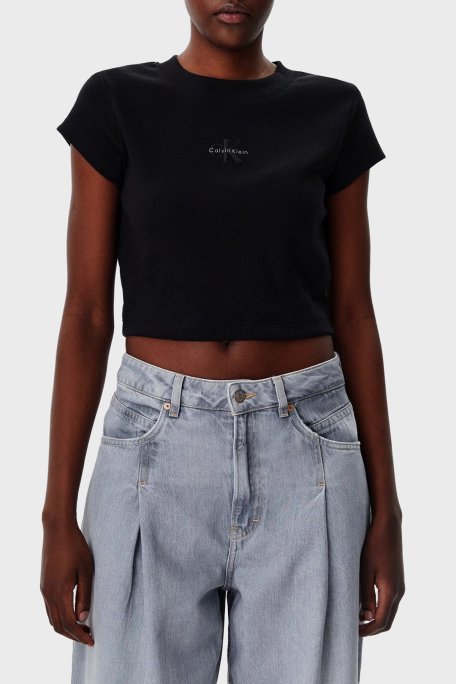 Calvin Klein Fitilli Pamuklu Slim Fit Bisiklet Yaka Crop LV047AB802UB1 Bayan T Shirt LV047AB802 UB1 SİYAH - Calvin Klein