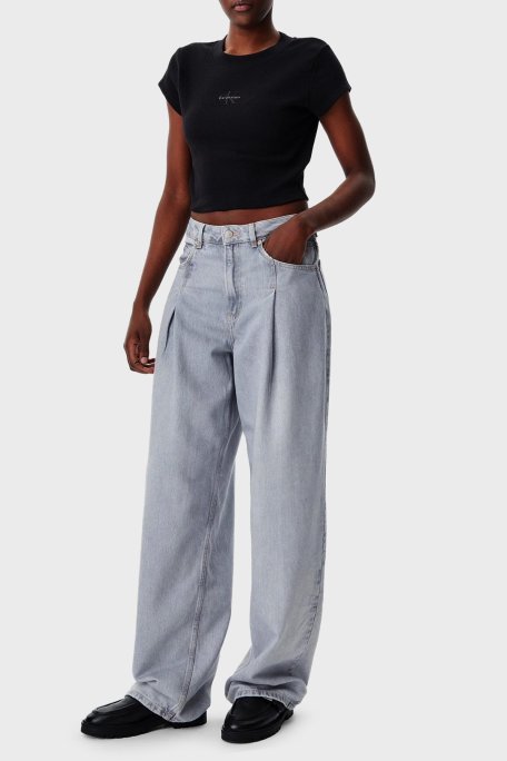 Calvin Klein Fitilli Pamuklu Slim Fit Bisiklet Yaka Crop LV047AB802UB1 Bayan T Shirt LV047AB802 UB1 SİYAH - Calvin Klein (1)